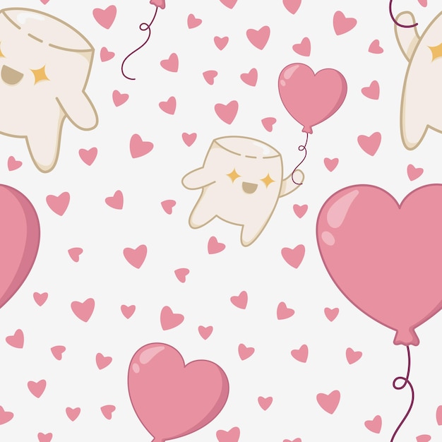 Seamless pattern with happy marshmallow taking off on a balloon in the shape of a heart