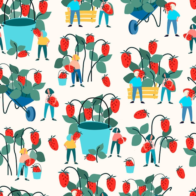 Seamless pattern with happy multiracial people holding giant strawberries berries on light background in trendy flat style Concept of harvesting agritourism healthy eating veganism