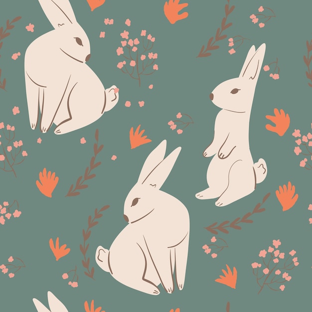 Бесшовный рисунок с зайцами, листьями, украшениями. Пасхальная концепция. Модный узор. Стиль ручной работы