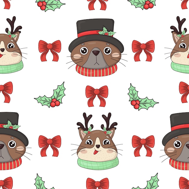 Seamless pattern with heads of Christmas funny cute cats in top hats deer antlers bows and holly