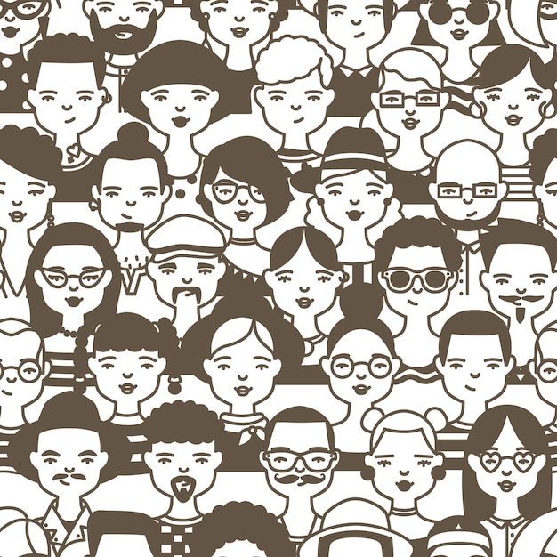 Seamless pattern with heads of cute smiling people