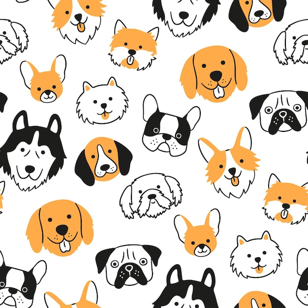 Seamless pattern with heads of different breeds dogs. Corgi, Pug, Chihuahua, Terrier, Husky, Pomeranian.