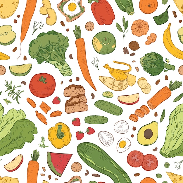 Бесшовный фон со здоровой пищей, продуктовыми продуктами, органическими фруктами, ягодами и овощами на белом фоне.