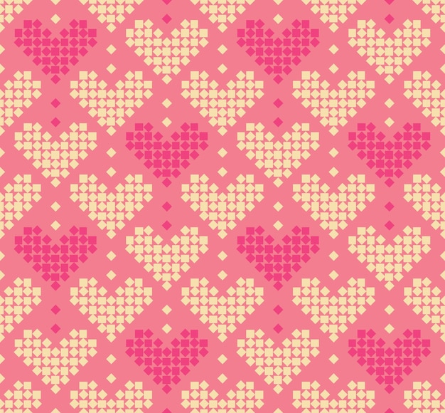 Вектор Бесшовный узор с формой сердца и завихрениями квадратов или пикселей