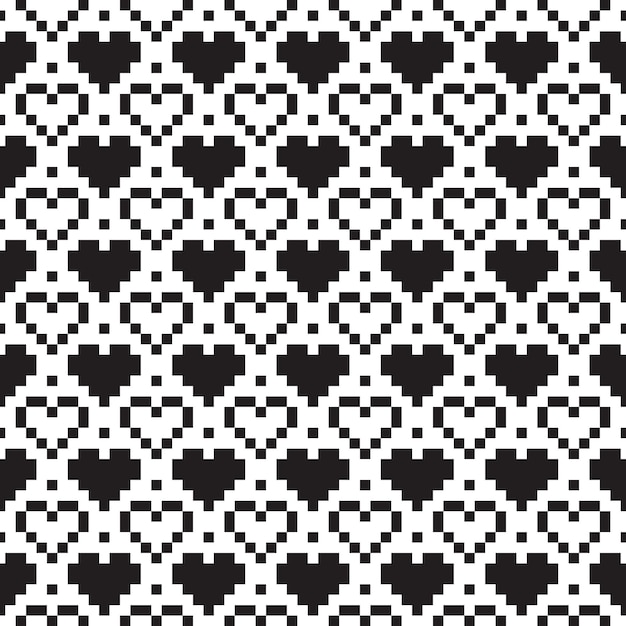 Seamless pattern with heart shape and swirls of squares or pixels