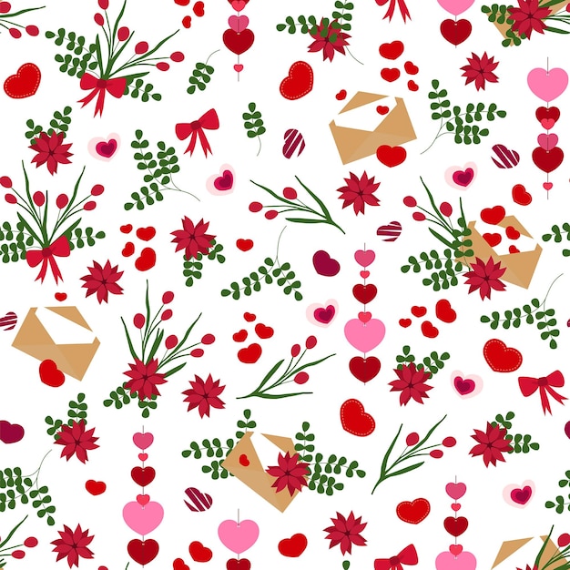 Seamless pattern with hearts flowers and letters for wrapping paper wallpaper and textil