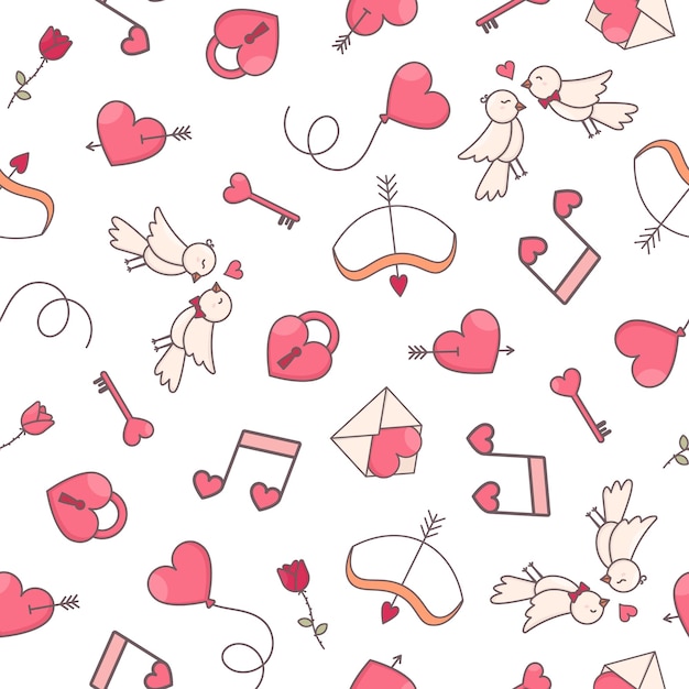 Seamless pattern with hearts and heartshaped objects on white background