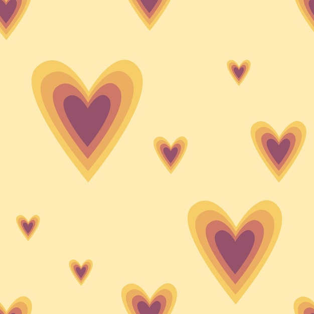 Seamless pattern with hearts in hippie style in retro colors.