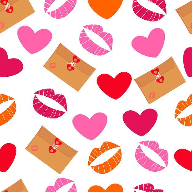 Vector seamless pattern with hearts love letters and kisses pattern for wrapping gifts for valentine