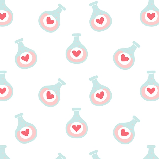 Seamless pattern with hearts and potion flask Cartoon style Romantic patternVector illustration