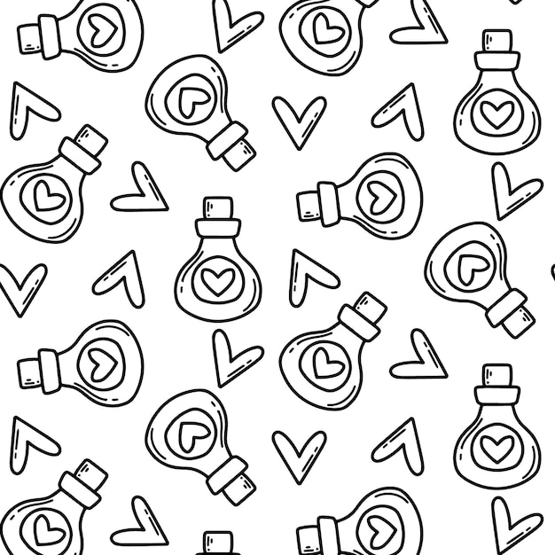 心とポーション フラスコ落書きスタイル ロマンチックな patternVector イラストのシームレス パターン