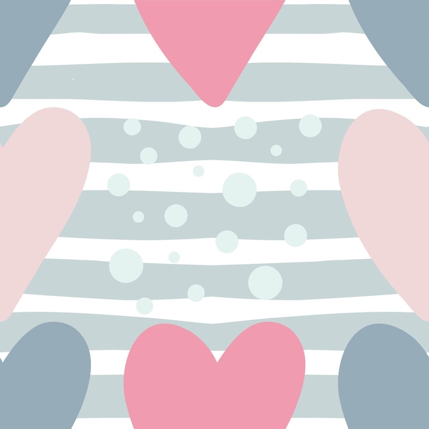 Vector seamless pattern with hearts and stripes, pastel colors on a white background.