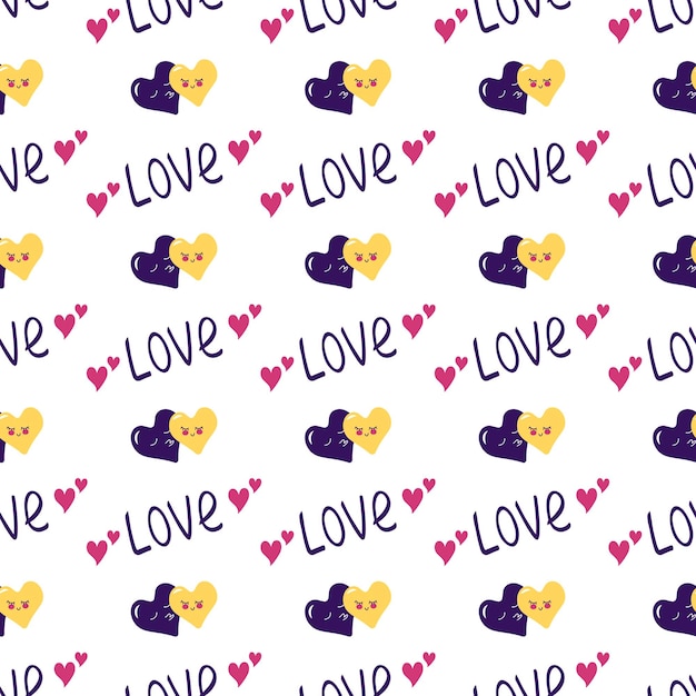 Seamless pattern with hearts with face and the word love