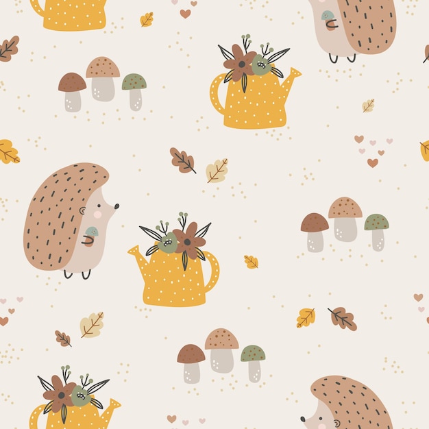 Seamless pattern with hedgehogs ann mushrooms Creative scandinavian background Perfect for kids apparelfabric textile nursery decorationwrapping paperVector Illustration