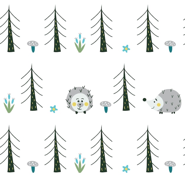 Seamless pattern with hedgehogs, trees, flowers and so on. Cute childish vector illustration.