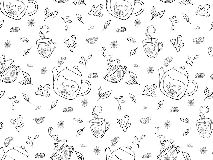 वेक्टर seamless pattern with herbal tea line drawn sketch cup teapot leaves lemon ginger healthy hot drink