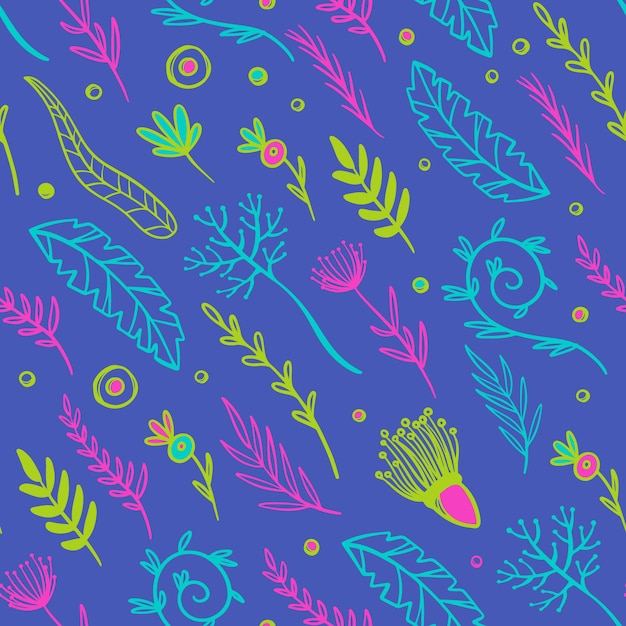 Seamless pattern with HERBS Fabric With Pink And Light Blue Plants And Green Branches