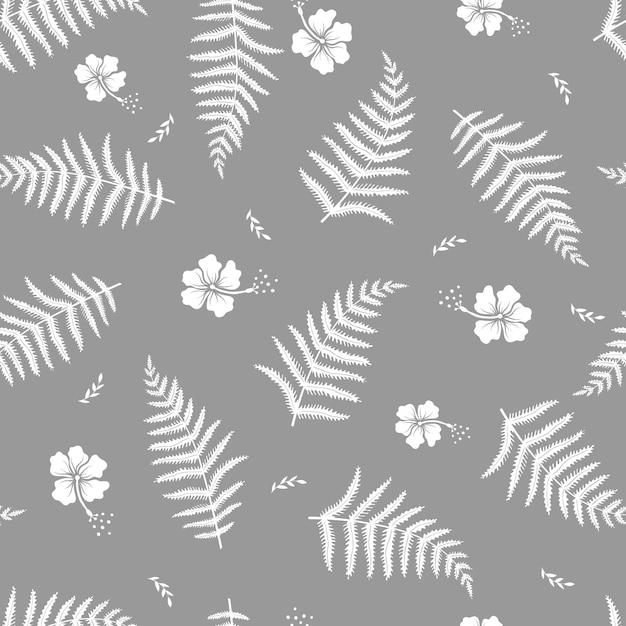 Seamless pattern with hibiscus flowers and fern leaves