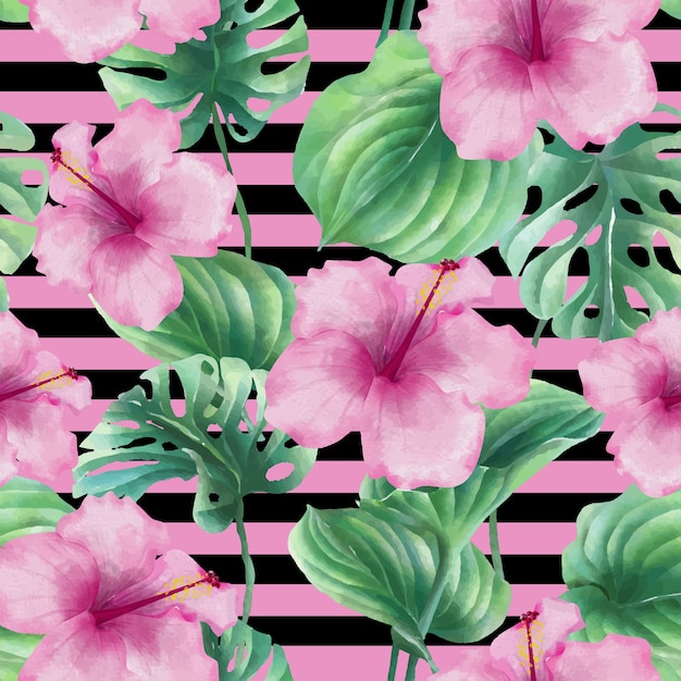 Seamless pattern with hibiscus pink and leaf