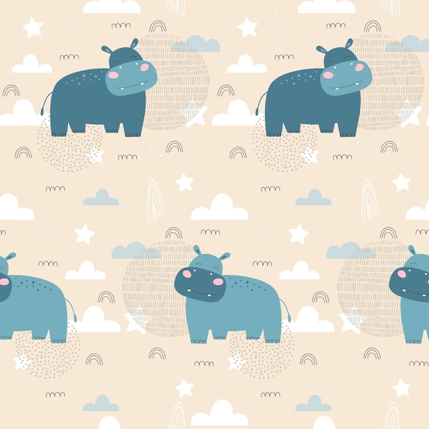 Vector seamless pattern with hippo kids print vector hand drawn illustration