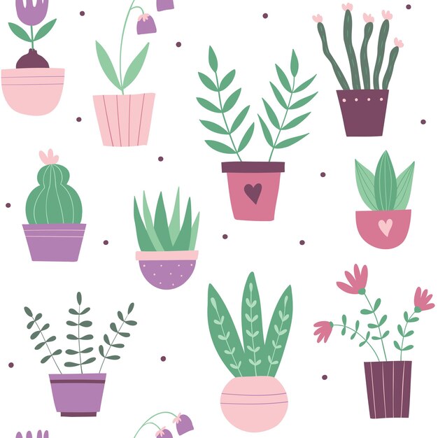 Seamless pattern with home plants Vector flat illustration Botany  illustrations of gardening