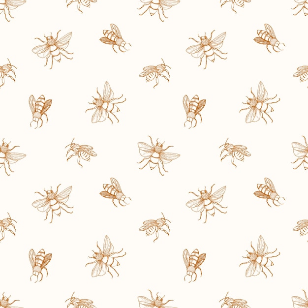 Seamless pattern with honey bees drawn with contour lines on beige