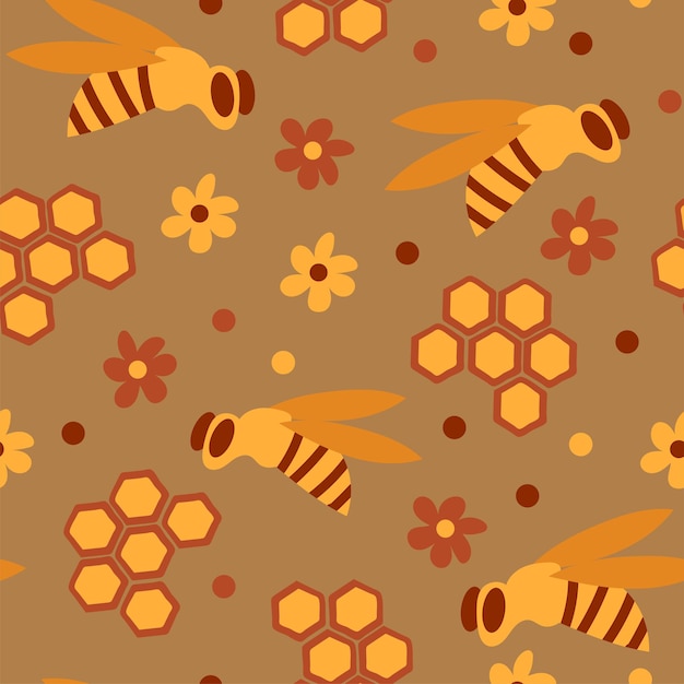 Seamless pattern with honey bees in a honeycomb - funny cute patern in cartoon style