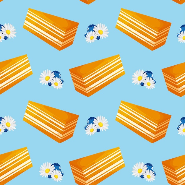 Seamless pattern with honey with blueberries and daisies. sweet honey cake. pattern for packaging