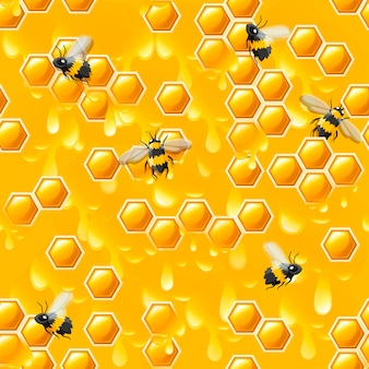 Modello senza cuciture con gocce di miele a nido d'ape e illustrazione vettoriale piatta ape in sfondo giallo.
