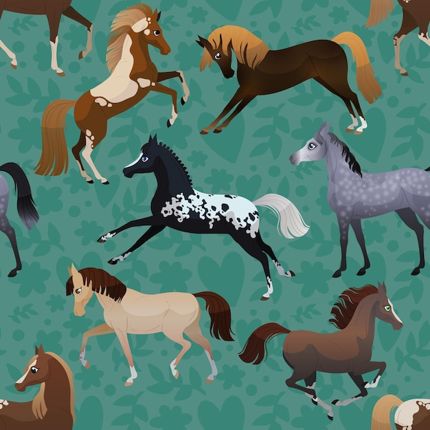 Vector seamless pattern with horse in flat style