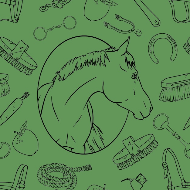 Seamless pattern with horse head and grooming equipment