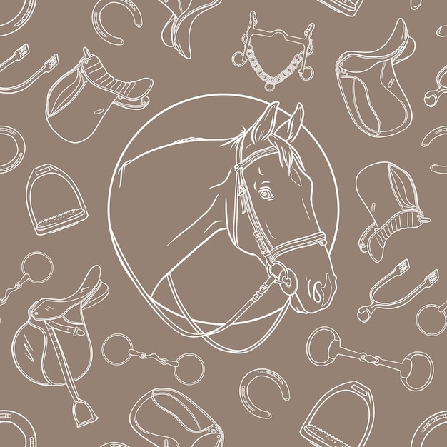 Seamless pattern with horse head and riding equipment