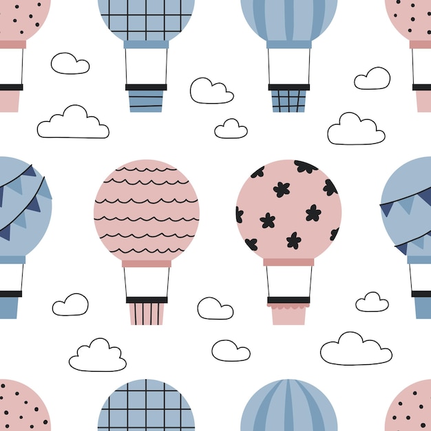 Seamless pattern with hot air balloon and clouds