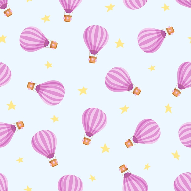 Vector seamless pattern with hot air balloons and stars