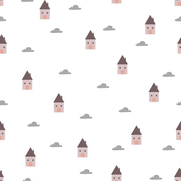 Вектор Бесшовный узор с домом и облаками. детский рисунок векторной иллюстрации для фона.