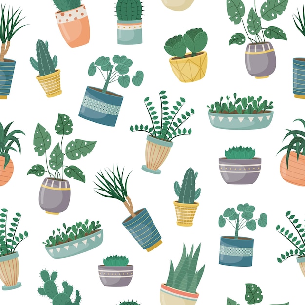 The seamless pattern with house plants in pots. Planting plants. Decorative plants in the interior of the house. Flat style.