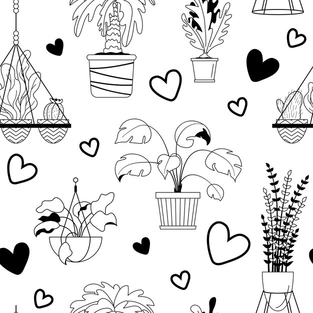 seamless pattern with house potted plants and hearts Black and white fabric design wrapping paper