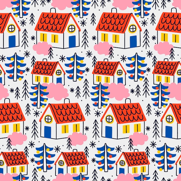 Seamless pattern with houses and christmas trees