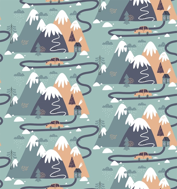 Modello senza cuciture con case, montagne, alberi, nuvole, neve, casa e auto. illustrazione invernale disegnata a mano in stile scandinavo per bambini.