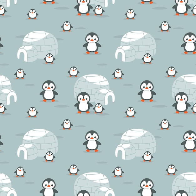 Seamless pattern with houses of penguins and igloos among ice floes and arctic snows Vector