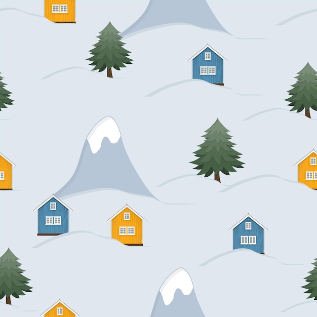 A seamless pattern with houses and trees in the snow