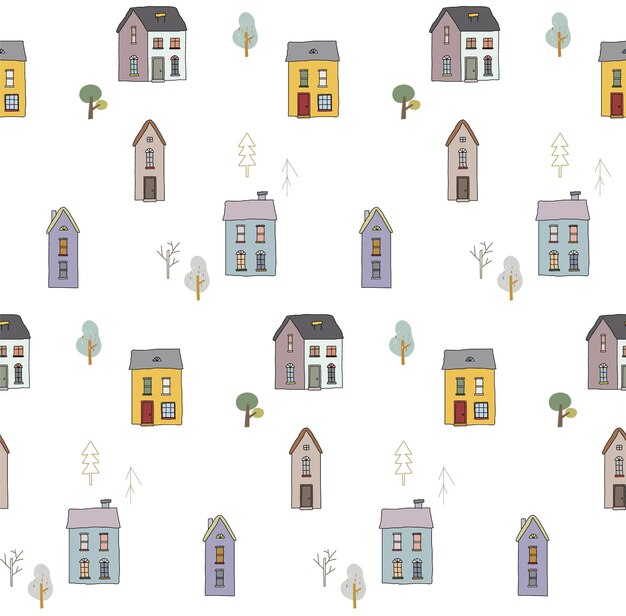 Vector seamless pattern with houses and trees vector illustration