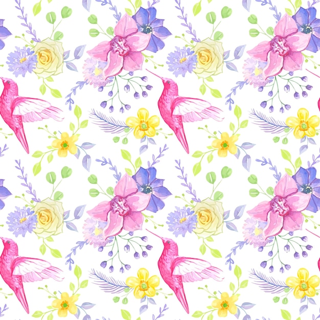 Seamless pattern with hummingbirds and flowers