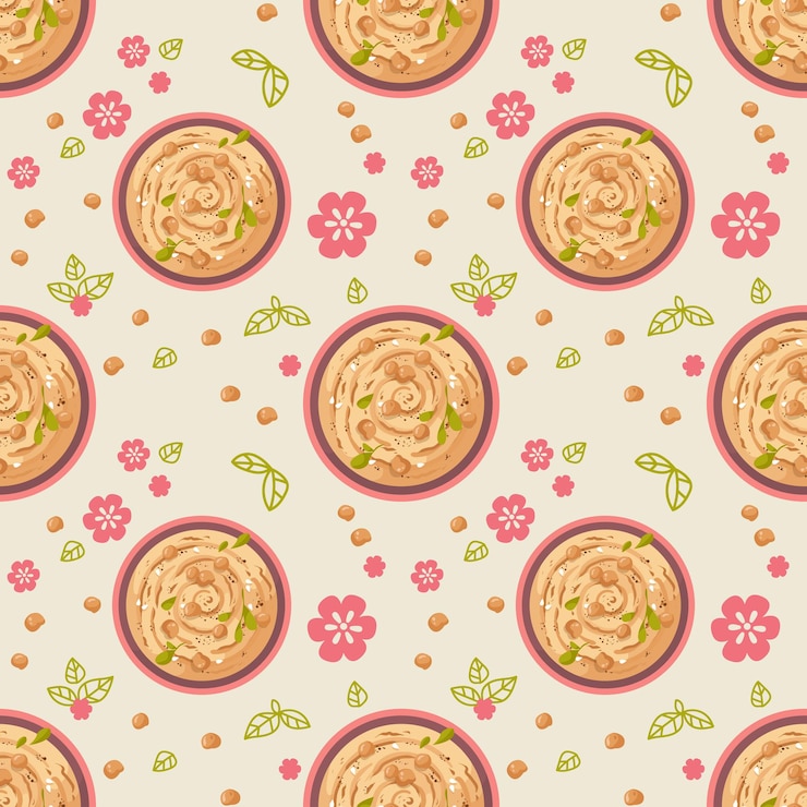 Vector seamless pattern with hummus and flowers on a white background traditional food of israel
