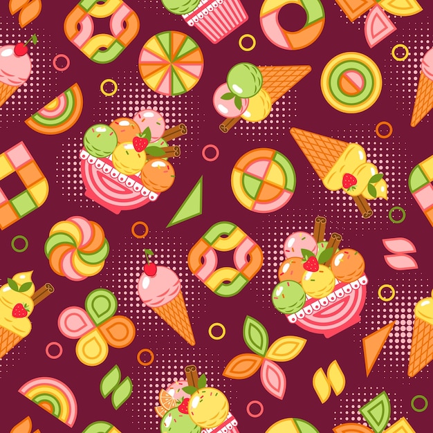 Seamless pattern with ice cream abstract geometric shapes halftone