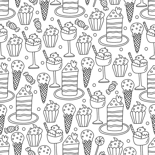 Vettore modello senza cuciture con torte gelato e caramelle doodle illustrazione vettoriale disegnata a mano in stile doodle