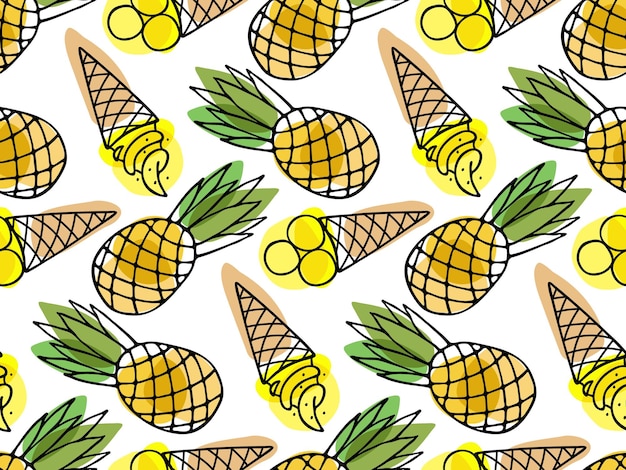 Vector seamless pattern with ice cream cone and pineapple tropical ice cream repeated vector illustration