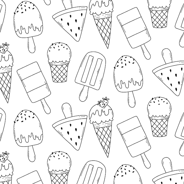 Seamless pattern with ice cream in doodle style Vector illustration Linear print with ice cream