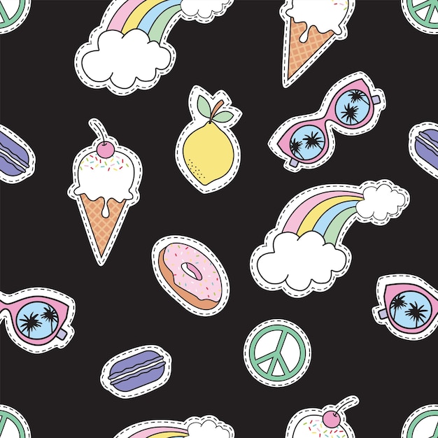 Seamless pattern with ice cream, rainbow, lemon, donut and others. Cute baby elements.