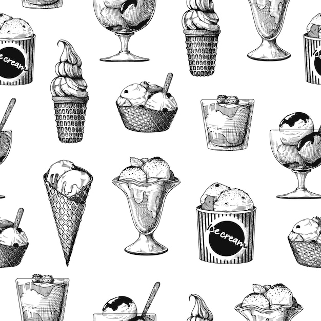 Seamless pattern with ice cream. Realistic ice cream. llustration in sketch style.